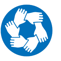 Blue circle with six interlocking hands forming a circle icon.