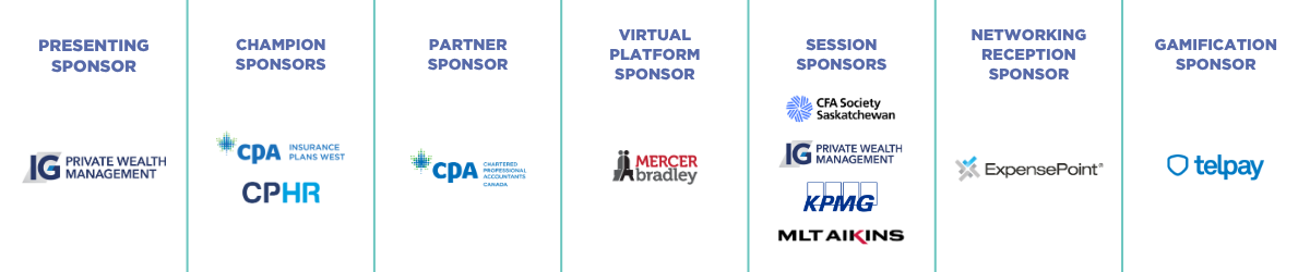 A horizontal banner recognizing the sponsors as follows: Presenting Sponsor - IG Private Wealth Management logo; Champion Sponsors - CPA IPW and CPHR logos; Partner Sponsor - CPA Canada logo; Virtual Platform Sponsor - Mercer Bradley logo; Session Sponsors - CFA Society SK logo, IG Private Wealth Management logo, KPMG logo, MLT Aikins logo; Networking Reception Sponsor - Expense Point logo; Gamification Sponsor - Telpay logo.