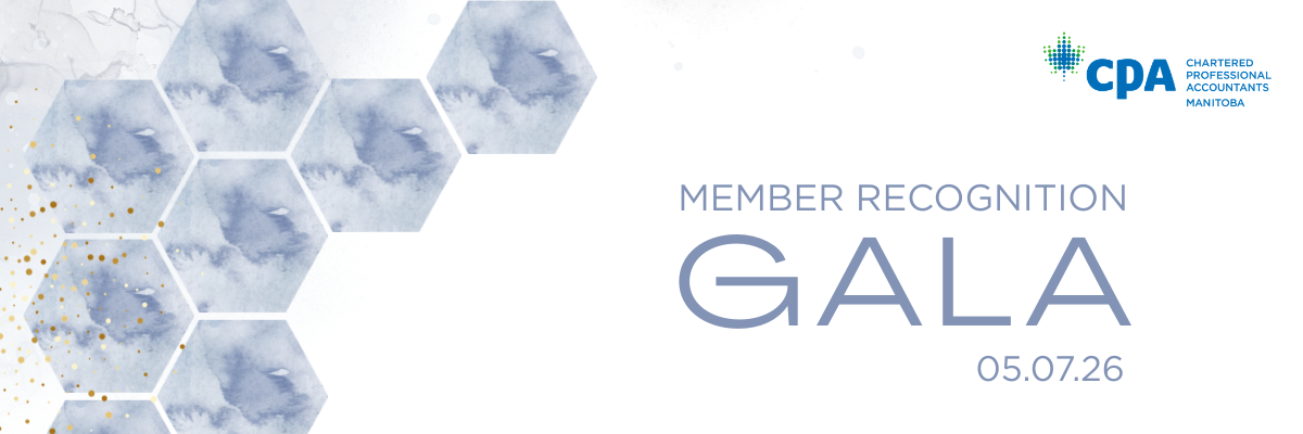 Marble hexagon pattern on the left and the CPA Manitoba logo and words Member Recognition Gala 05.07.26 on the right.