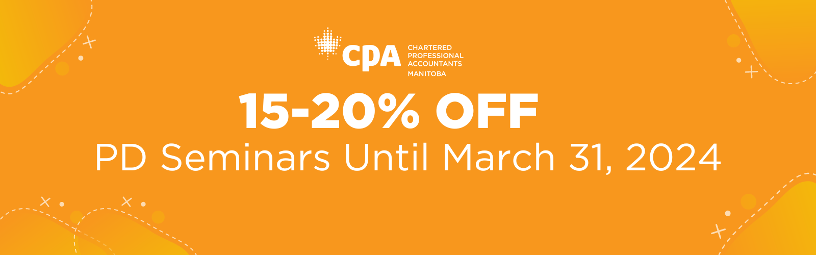 On an orange background, the words 15-20% off PD Seminars until March 31, 2024