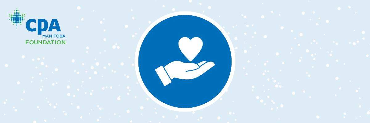 The CPA Manitoba Foundation logo and a circle icon with a hand and heart on top of a light blue snowy background.