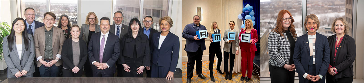 A combination of three photos. 1 - group photo of CPA MB Foundation Board, 2 - volunteers at the Asper School Accounting Case Competition, 3 - Lynn Bailey, Geeta Tucker and Debbie Grenier.