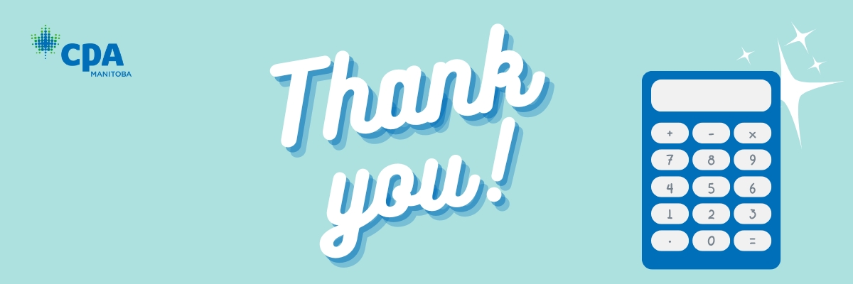 Light blue background with the words Thank You and a blue calculator with decorative stars behind it.