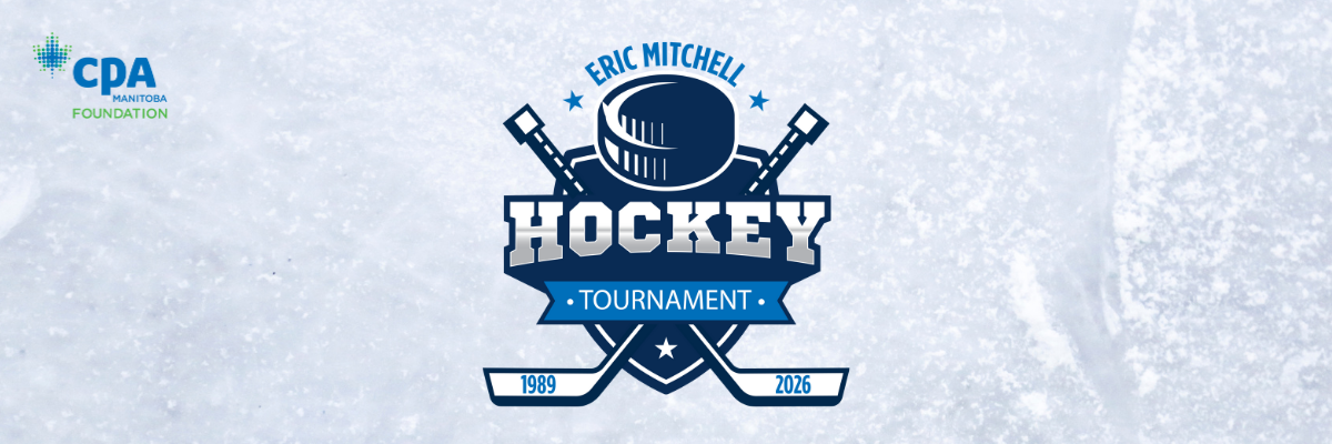 Eric Mitchell Hockey Tournament logo on top of ice background.