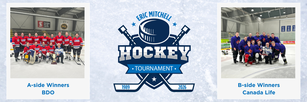 On top of an ice background there is a photo frame with the BDO team and the words A-side winners BDO, the Eric Mitchell Hockey Tournament logo in the center, and a photo frame with the Canada Life team and the words B-side Winners, Canada Life.