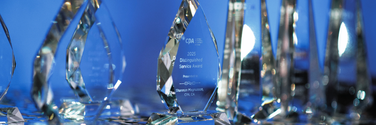 Crystal awards on a table.
