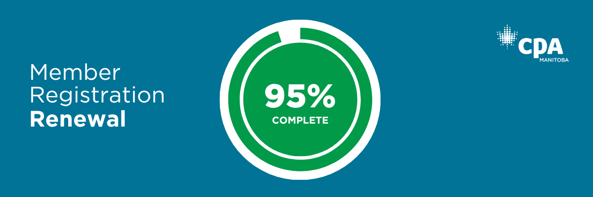 Blue background with the words Member Registration Renewal and a green circle with the words 95% complete in the centre.