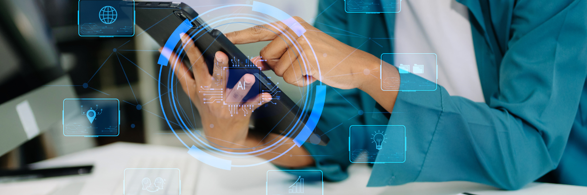 A man typing on his tablet with an overlay of AI graphics.